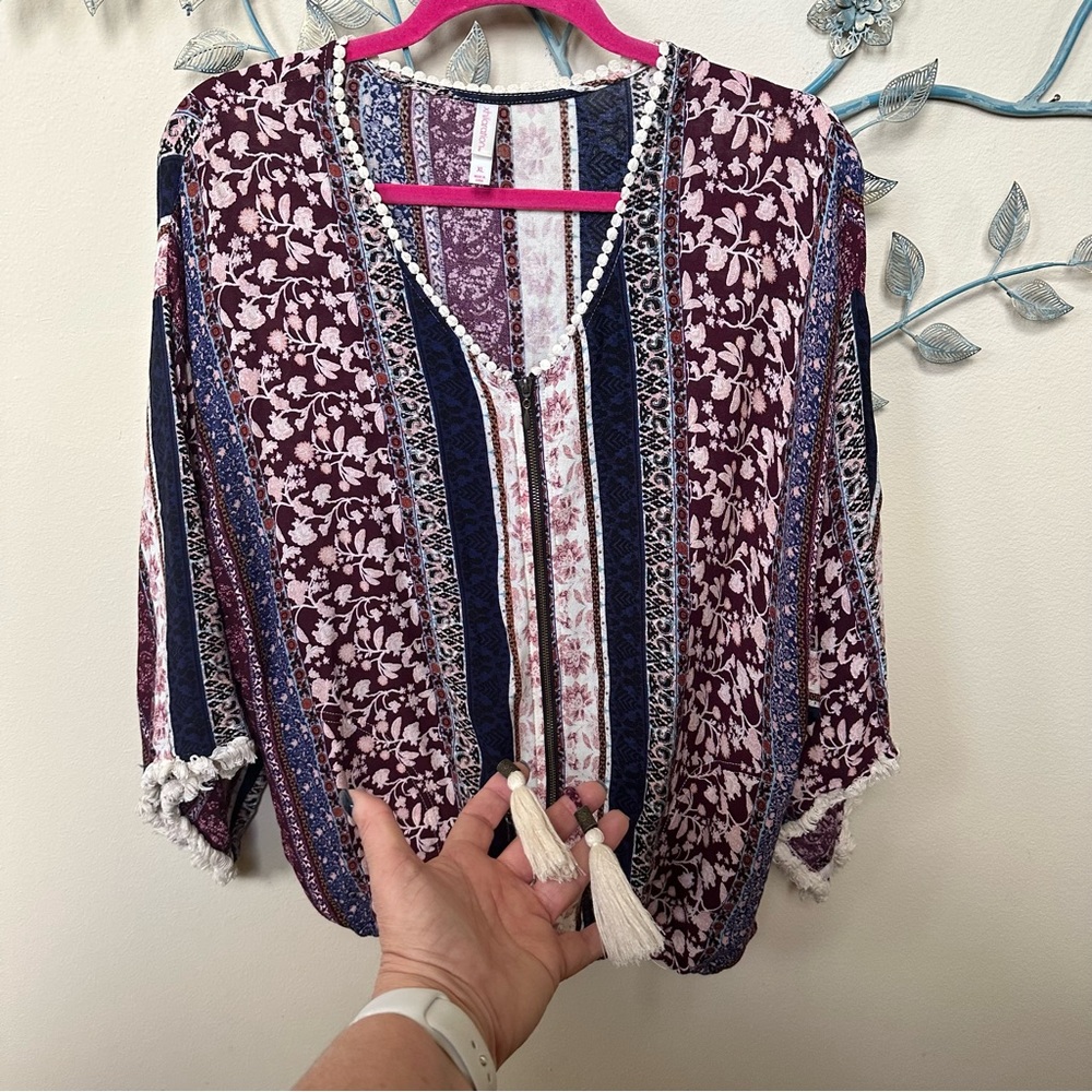 Xhilaration Burgundy Navy White Boho Tassel V-Neck Tunic